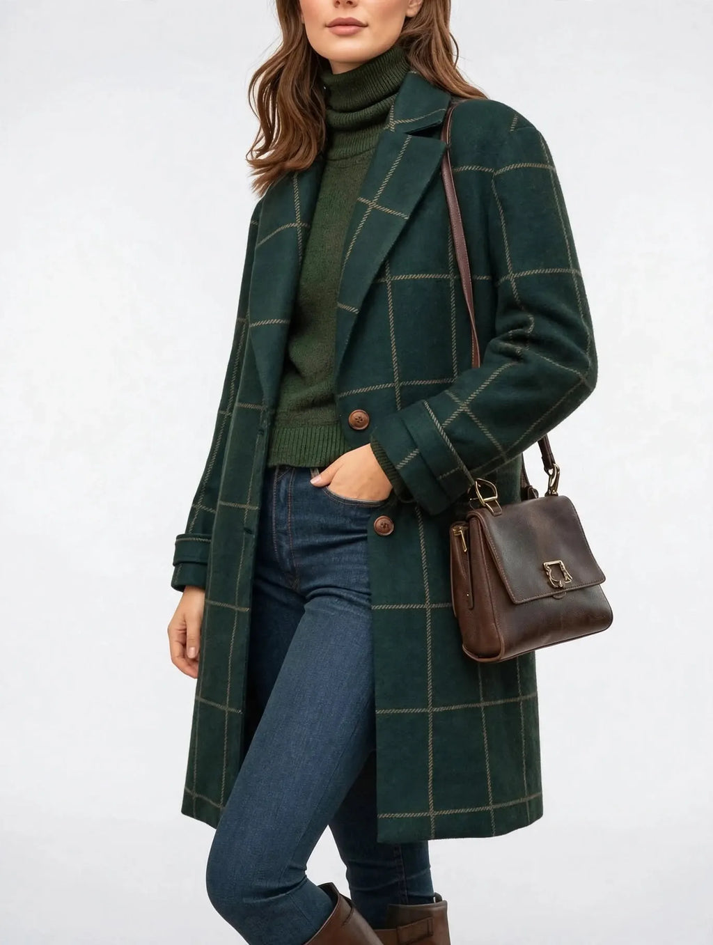 Manteau Long Femme Geruit Boutonnage Hiver Slim Fit